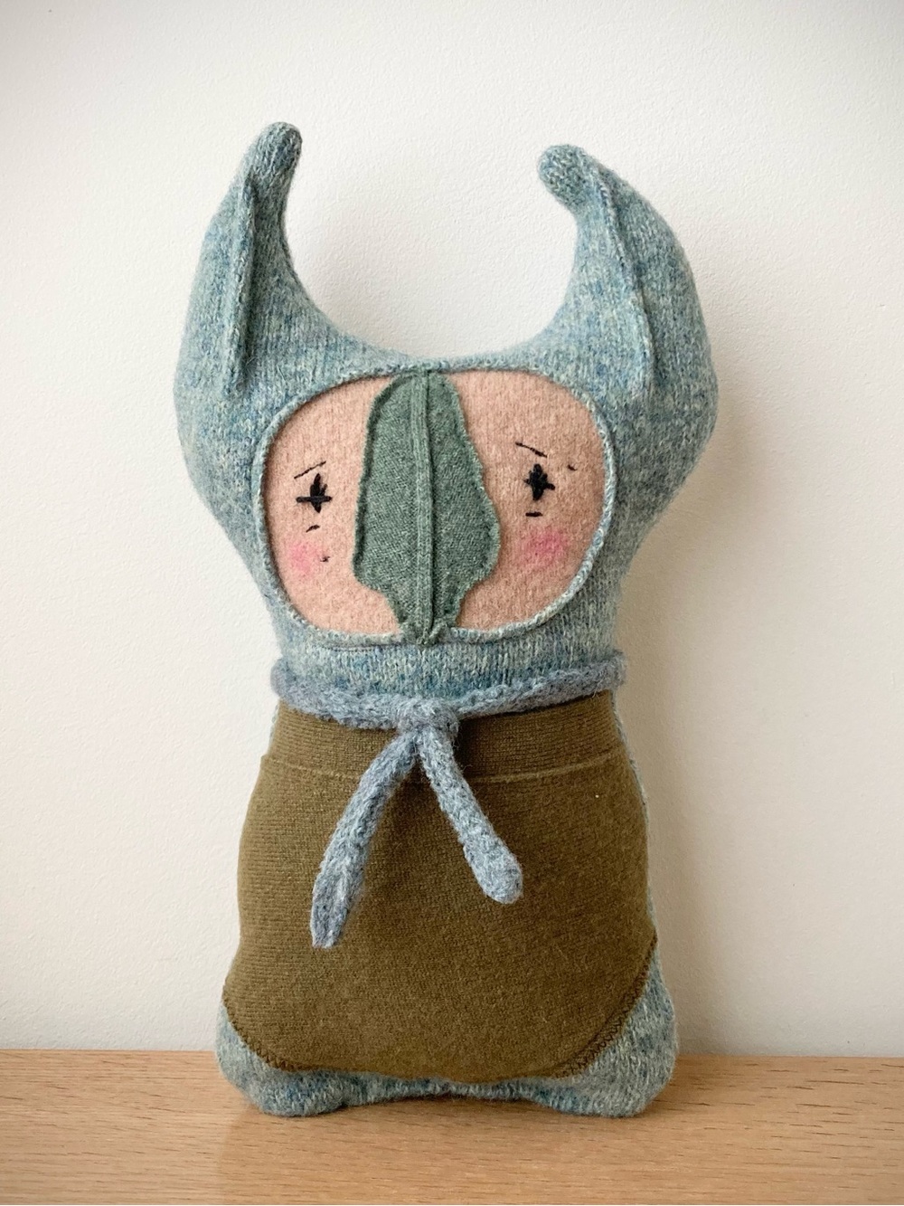 joodito lucky cat reclaimed wool cashmere sweater pillow folk art rag doll green